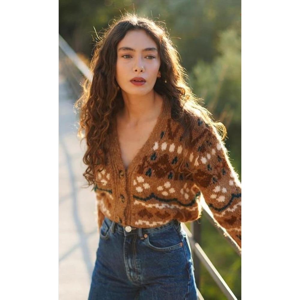 Zara Women Brown Fair Isle Knit Cardigan V-Neck Fuzzy Button Front Sweater M